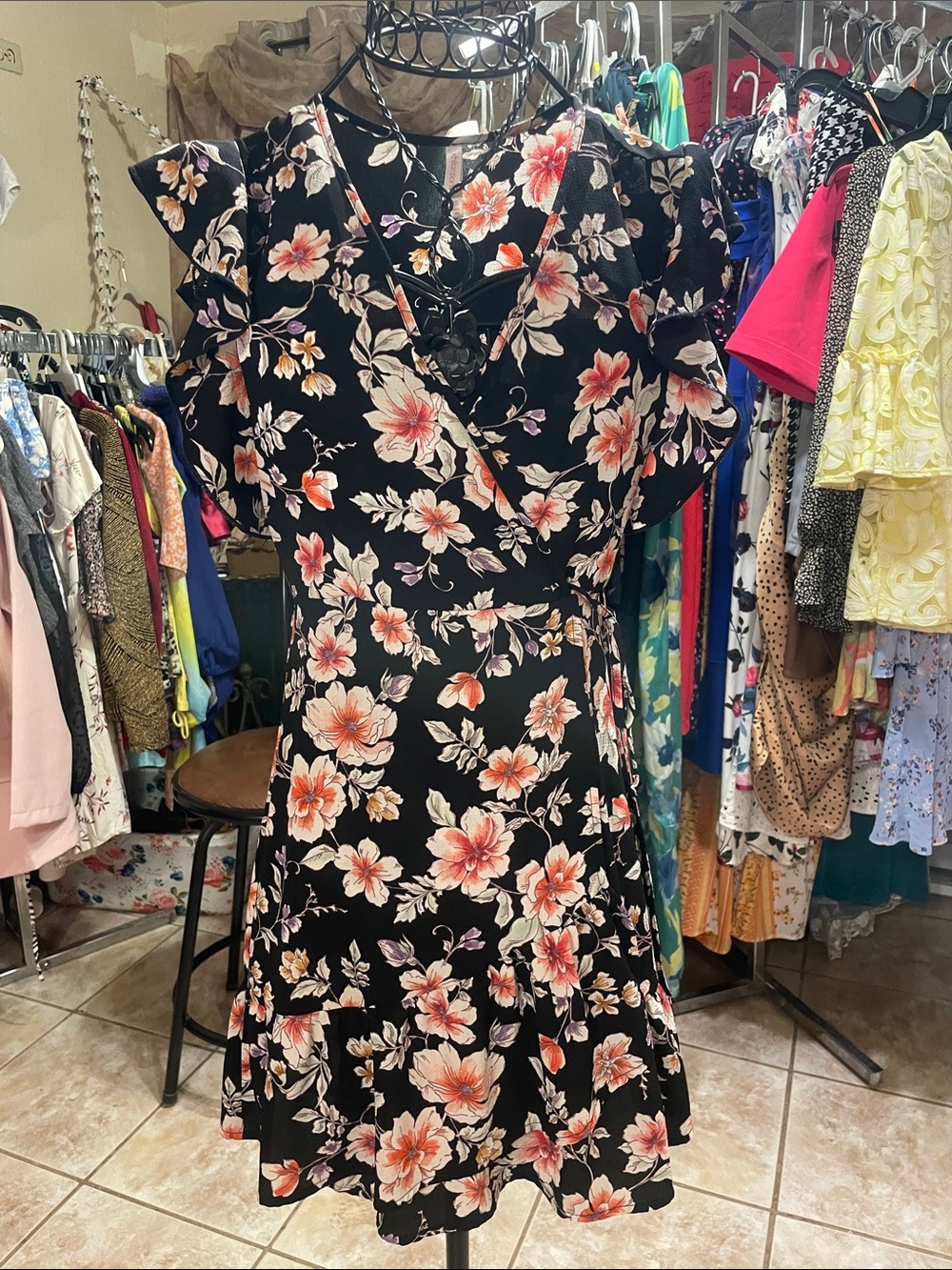 Xhilaration Black Floral Wrap Mini Dress with Ruffle Sleeves